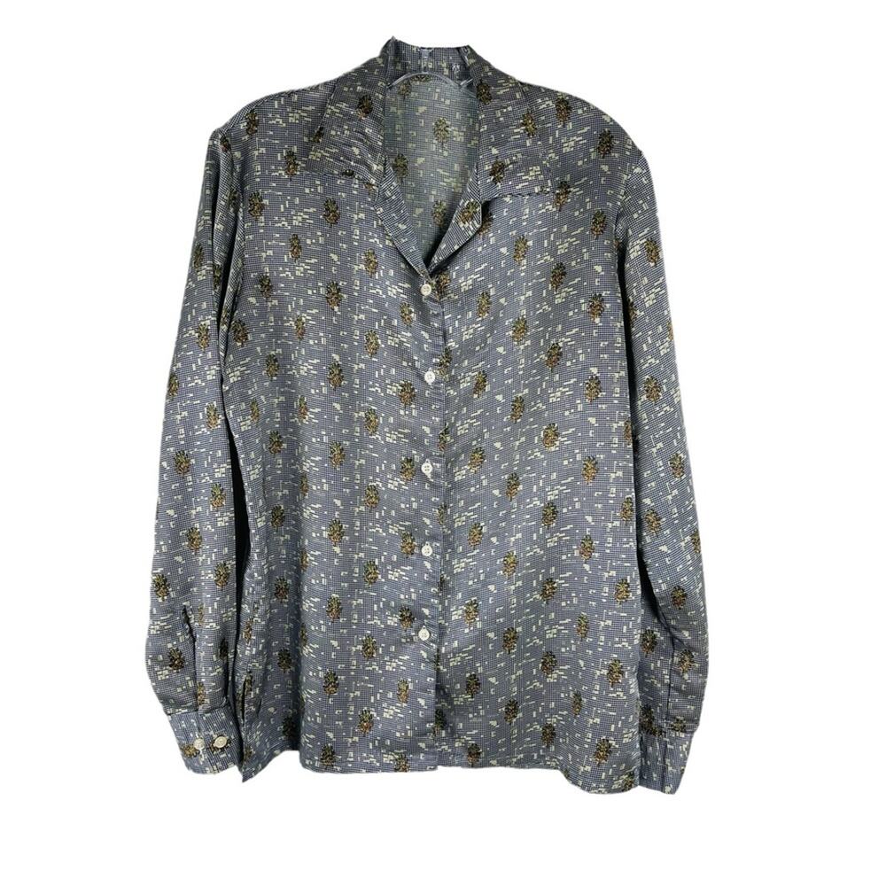 Vintage blue tan floral cottagecore checked satin button front shirt top medium